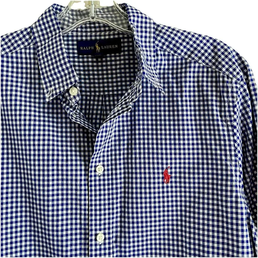 Ralph Lauren Boys Shirt Kids Size 18 20 Blue White Plaid Red Pony Long Sleeve